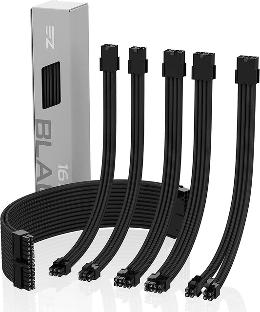 PSU Cable Extension Kit Sleeved Cable Custom Power Supply Sleeved Extension 16 AWG 24-PIN 8-PIN 6-PIN 4+4-PIN with Combs- Black